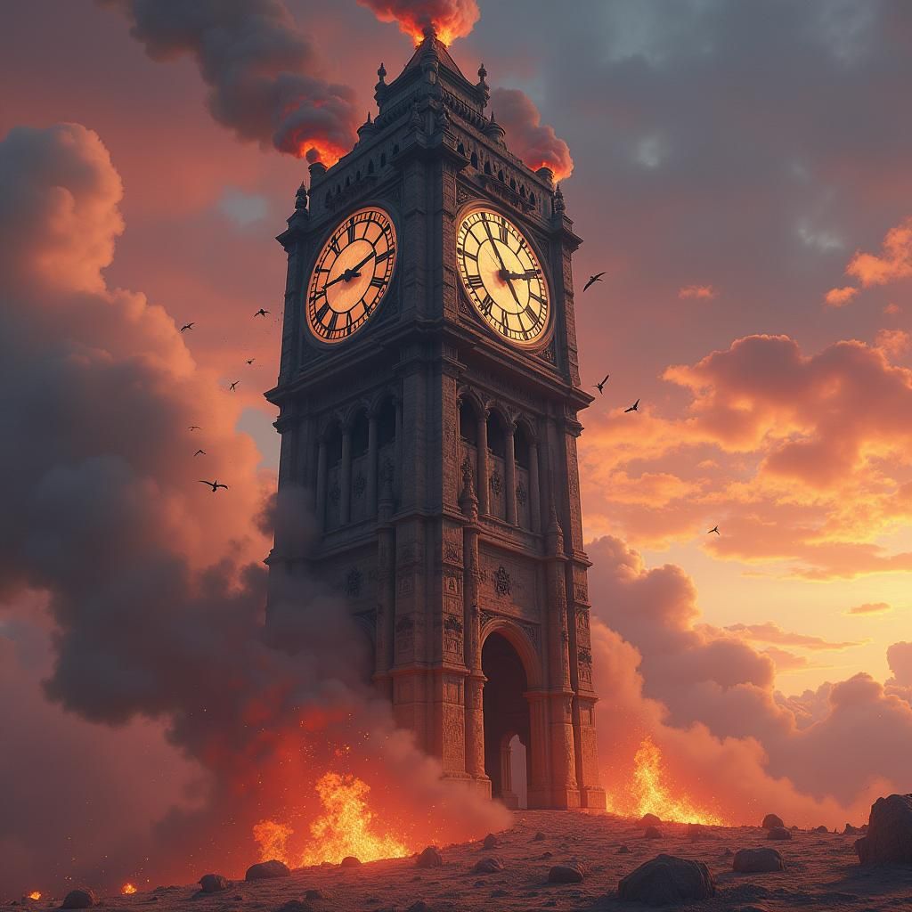 Burning Clock Tower in Fantasy Art Style