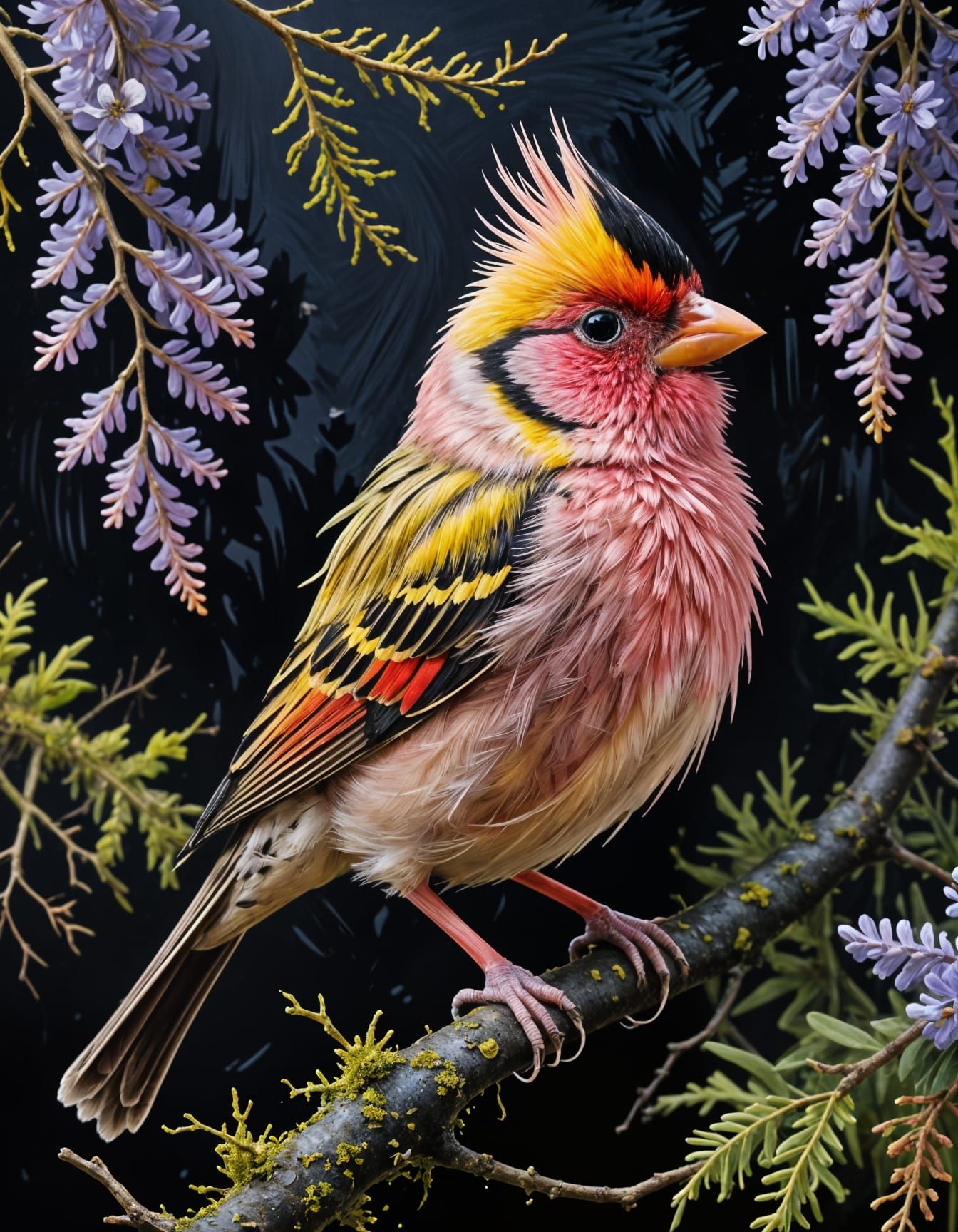 Fluffy Pink Finch with Glowing Crest on Branch