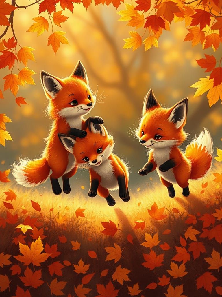 Cute Fox Kits Playing in Autumn Leaves