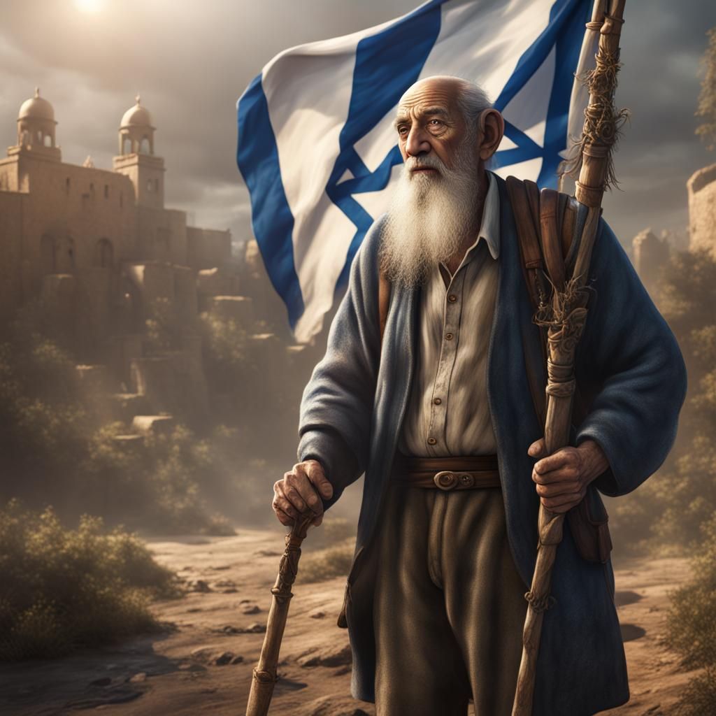 Old Man with Israeli Flag Shirt: Detailed Matte Painting