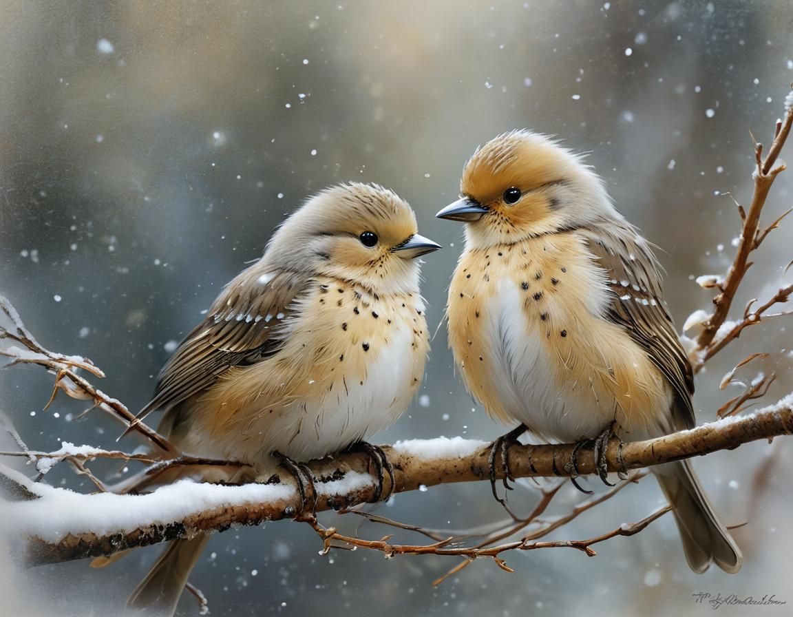 Birds Huddle Together in Winter Snow