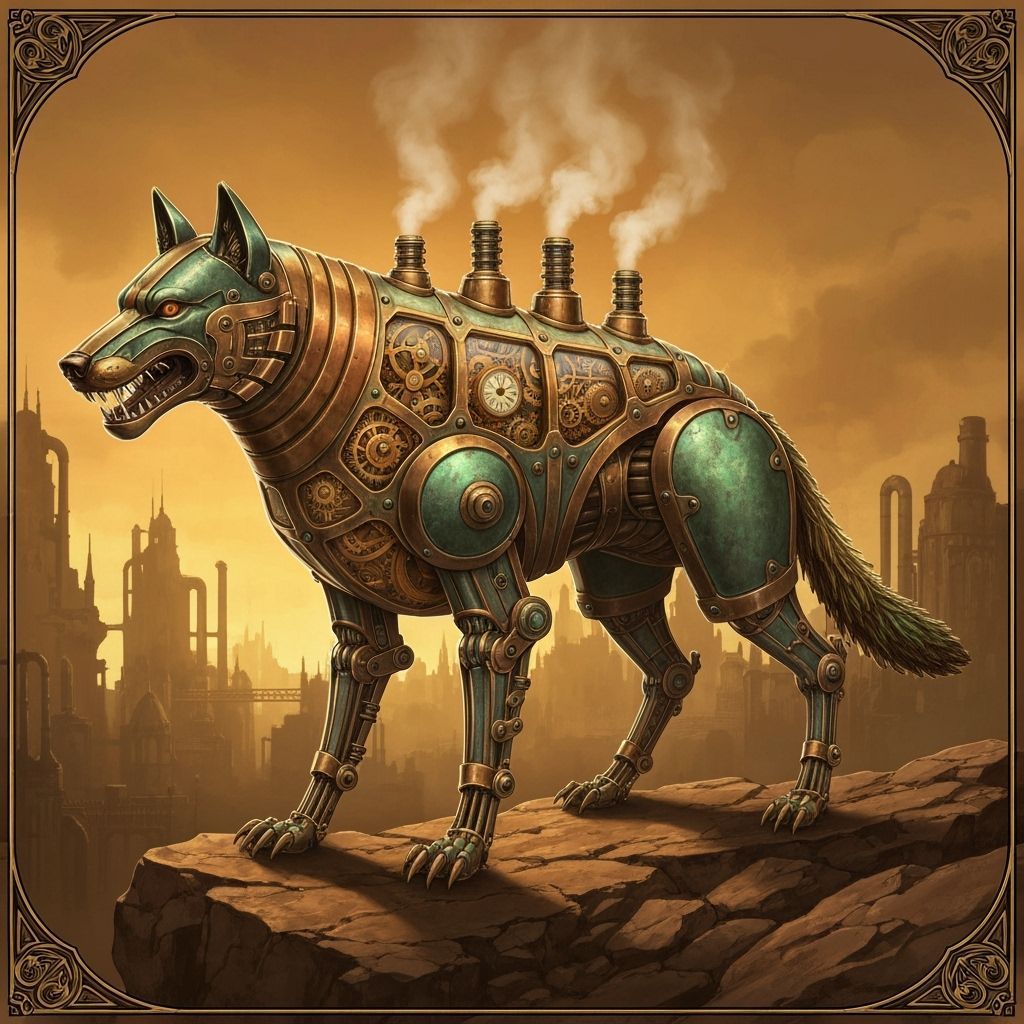 Steampunk Mechanical Wolf in Victorian Cityscape