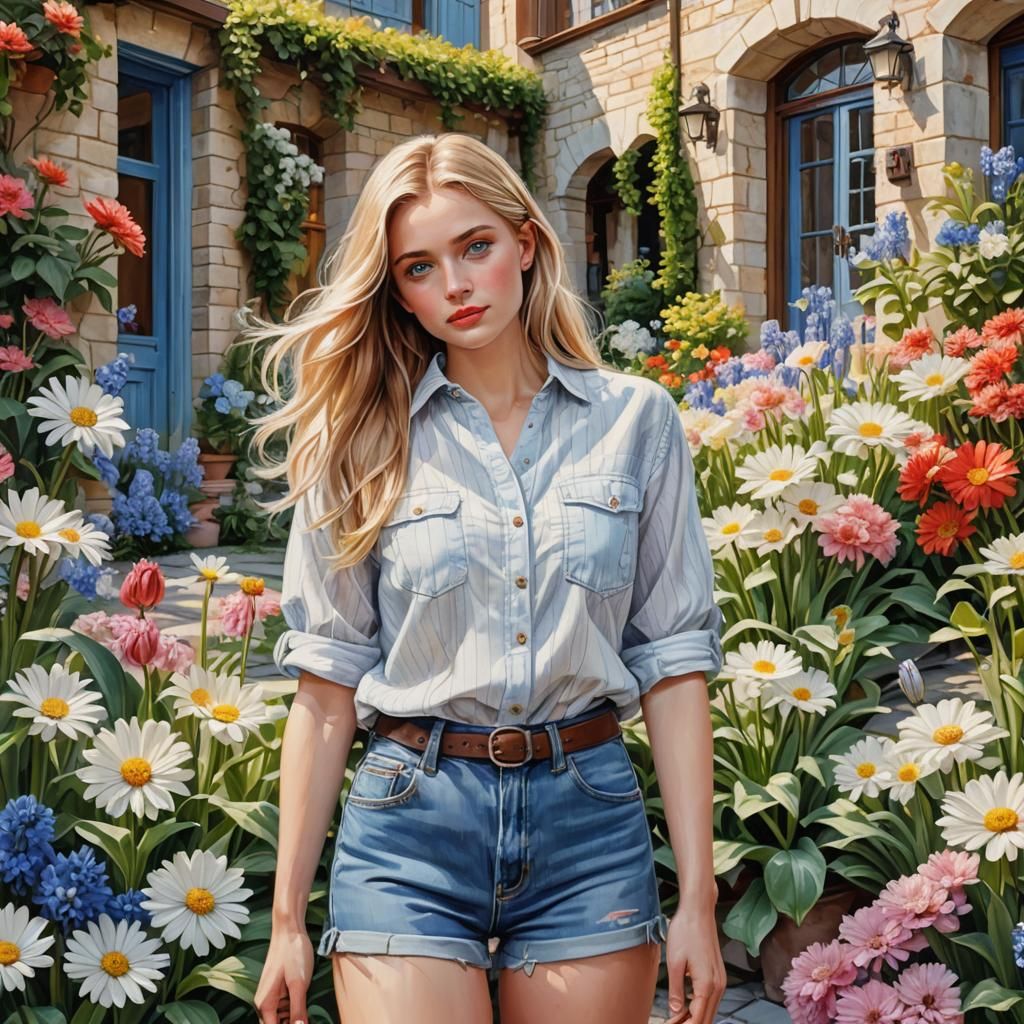 Blonde Woman in Floral Courtyard: Realistic Cartoon Art