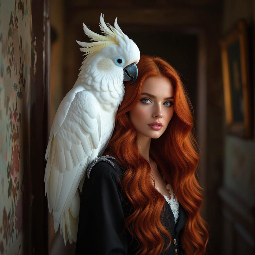 Red-Haired Woman and Cockatoo in Antique Hallway
