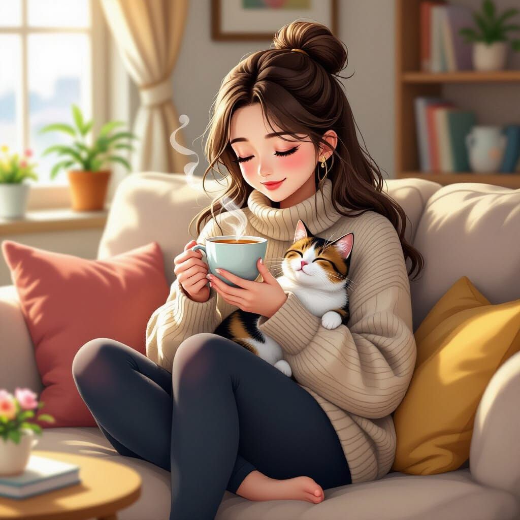 Cozy Anime Woman with Cat Sipping Tea