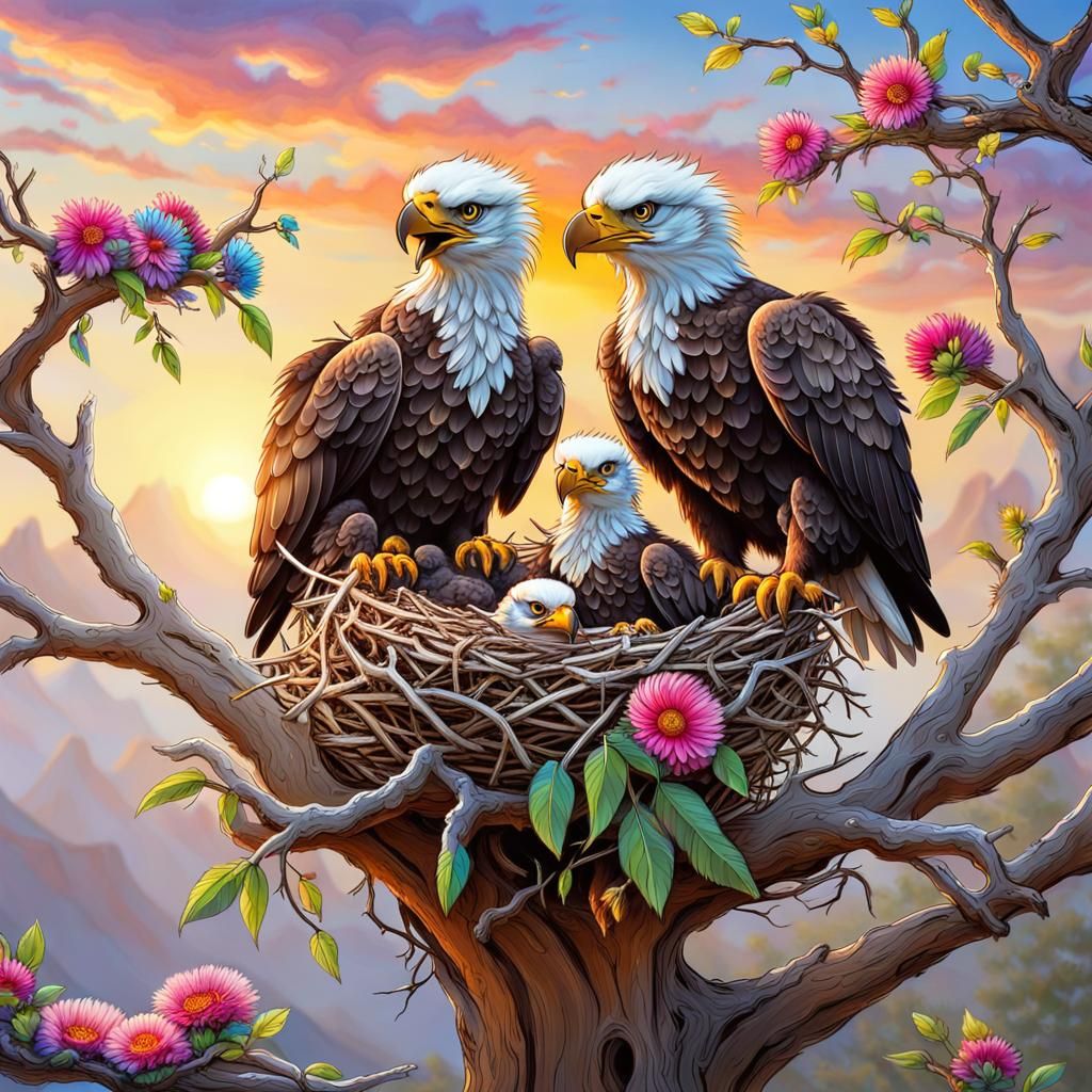 Baby Eagles in Nest at Sunrise
