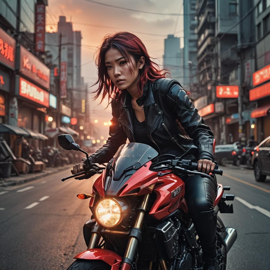 Cyberpunk Girl on Red Kawasaki at Sunrise