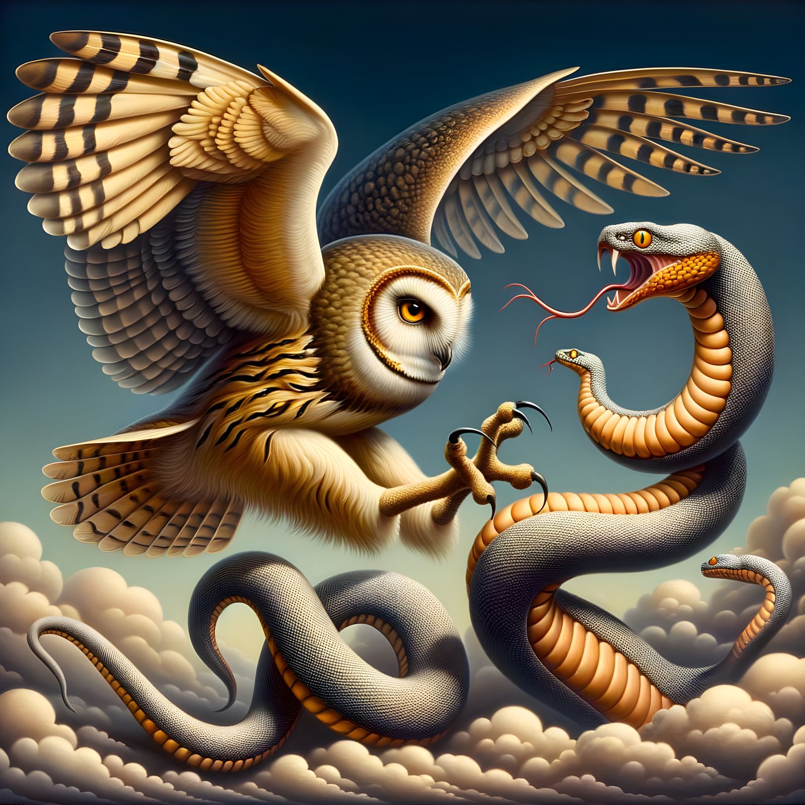 Majestic Owl in Surreal Battle with Snake
