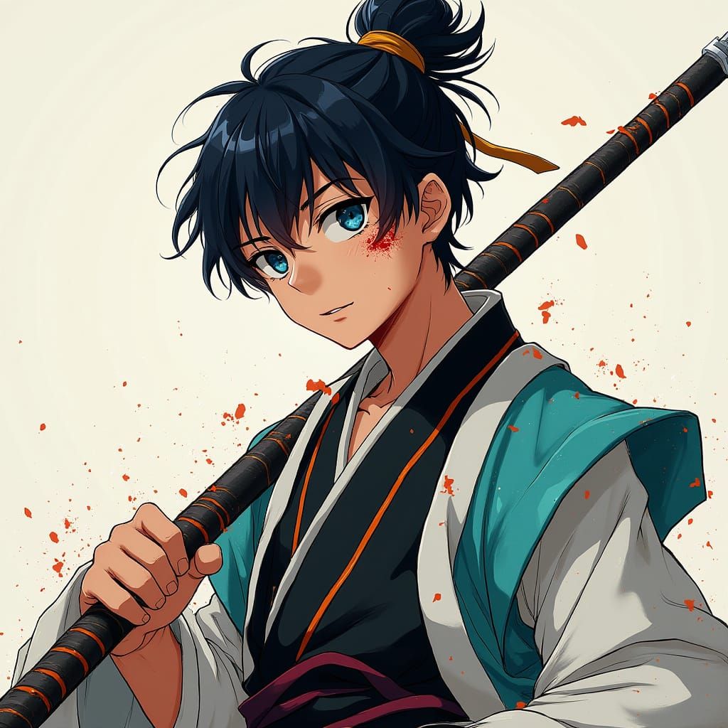 Elegant Anime Warrior with Iron Staff in Martial Arts Attire