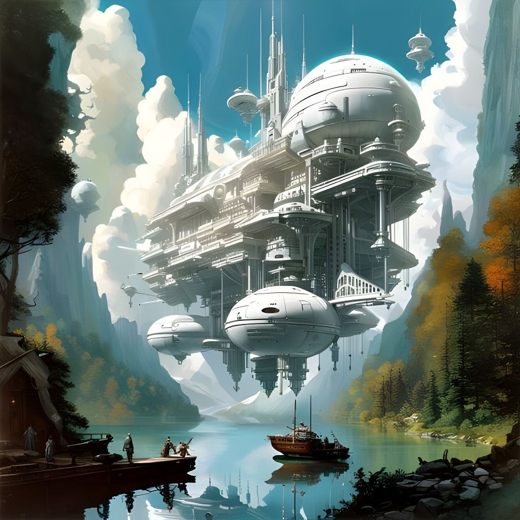 Futuristic Steampunk Sky Fortress in Baroque Sci-Fi Style