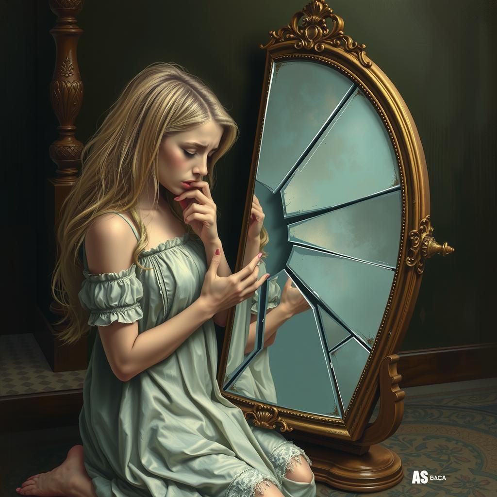 view of a worried woman kneeling holding pieces of a broken ...