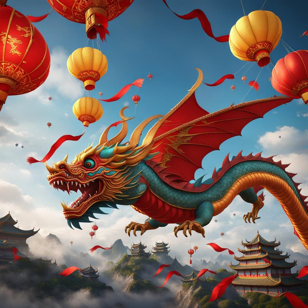 Chinese Dragon Kite Soaring, Fantasy Concept Art