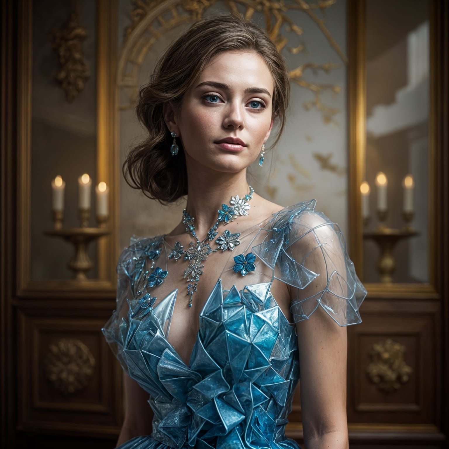 Beautiful Woman in Glass Dress, Hyperrealistic Style