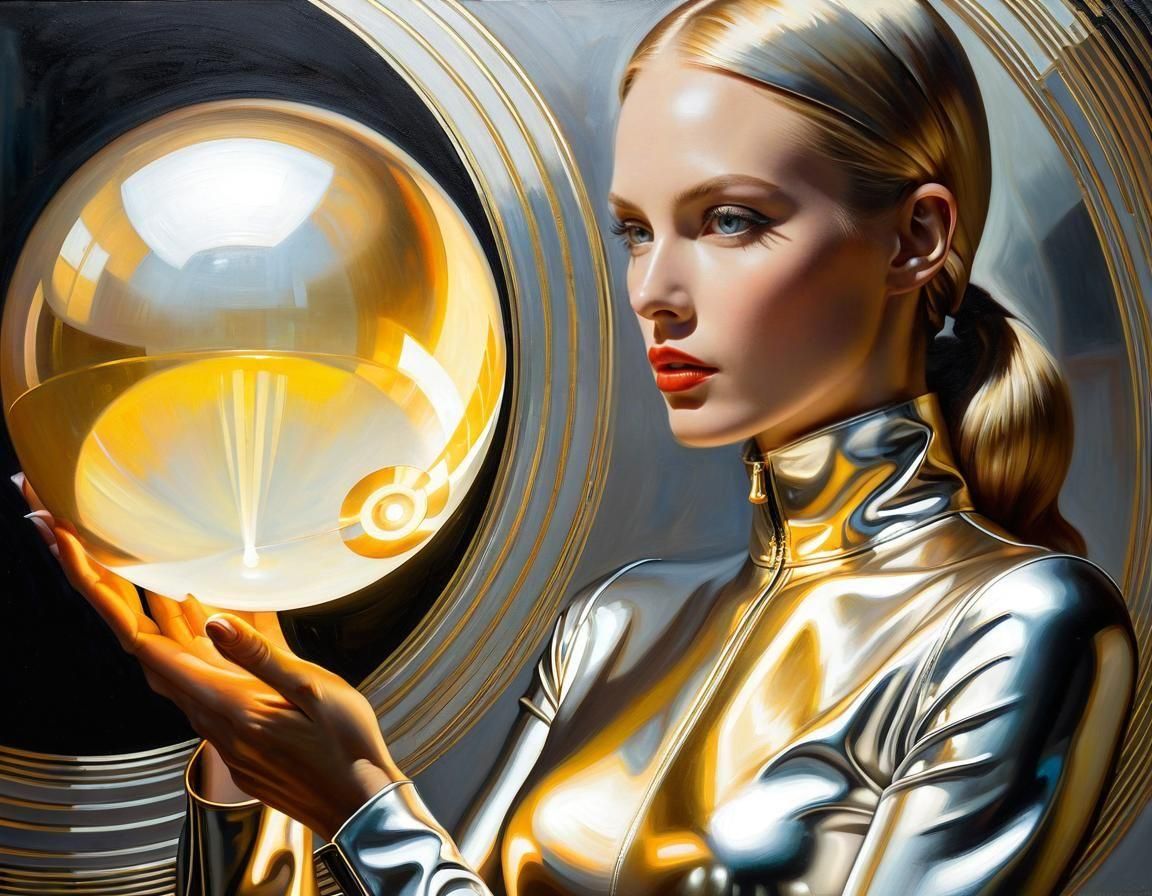 Woman Releases Glowing Orb in Retrofuturist Style