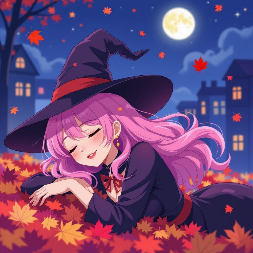 Anime Witch Sleeps in Autumn City Night