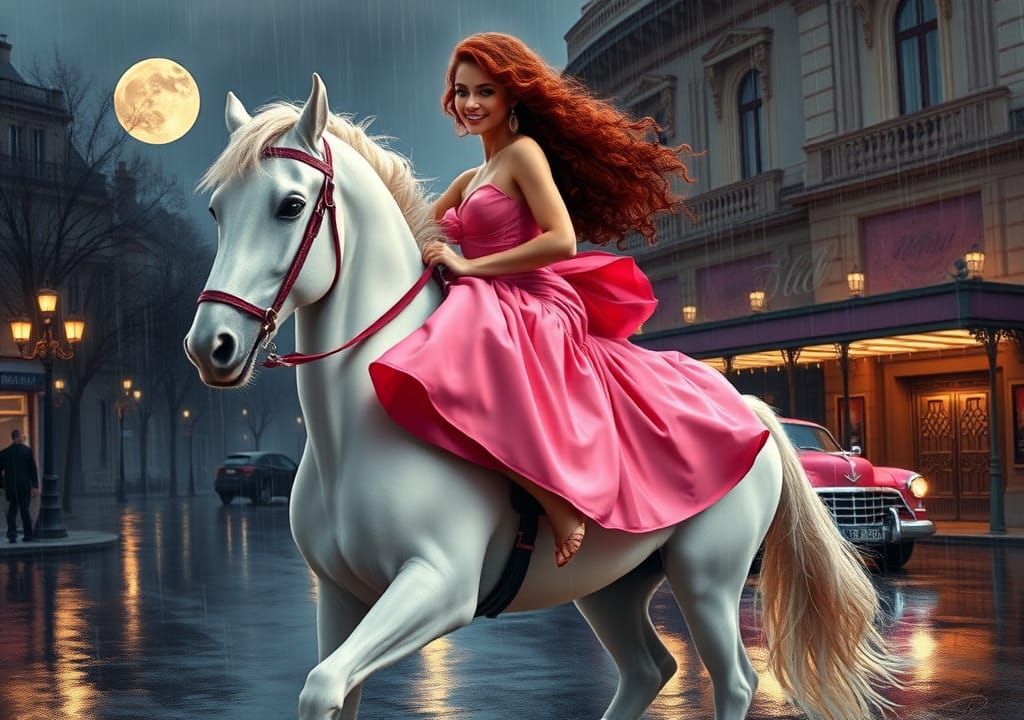 Ballerina on White Horse in Rainy Paris Night
