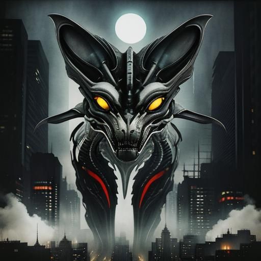 Alien Creature in Dystopian City: Double Exposure Photograph...