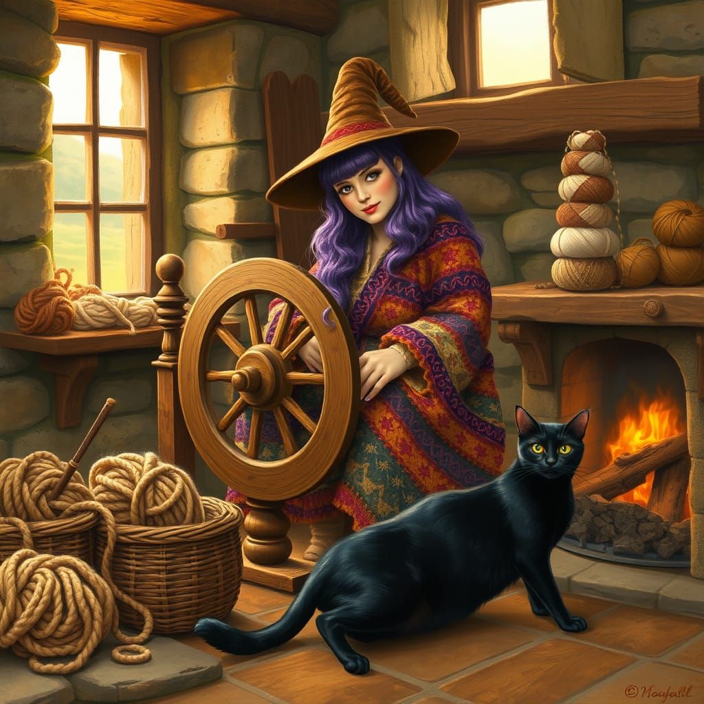 Whimsical Irish Witch Spins Yarn in Cozy Cottage