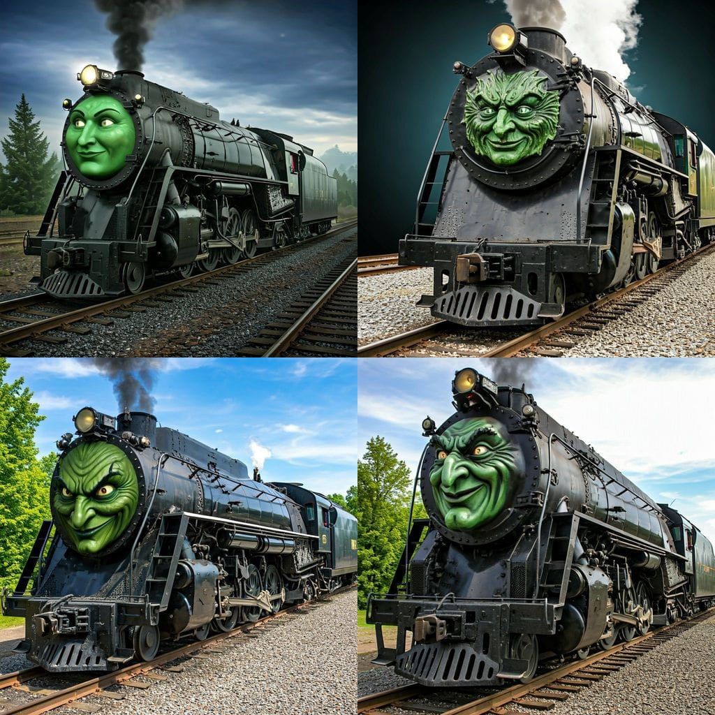 Green Witch Face on Black Steam Locomotive