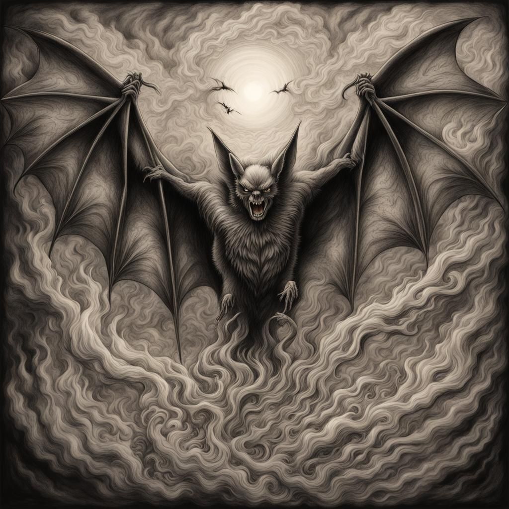 Etching of Bat Rising as Phoenix