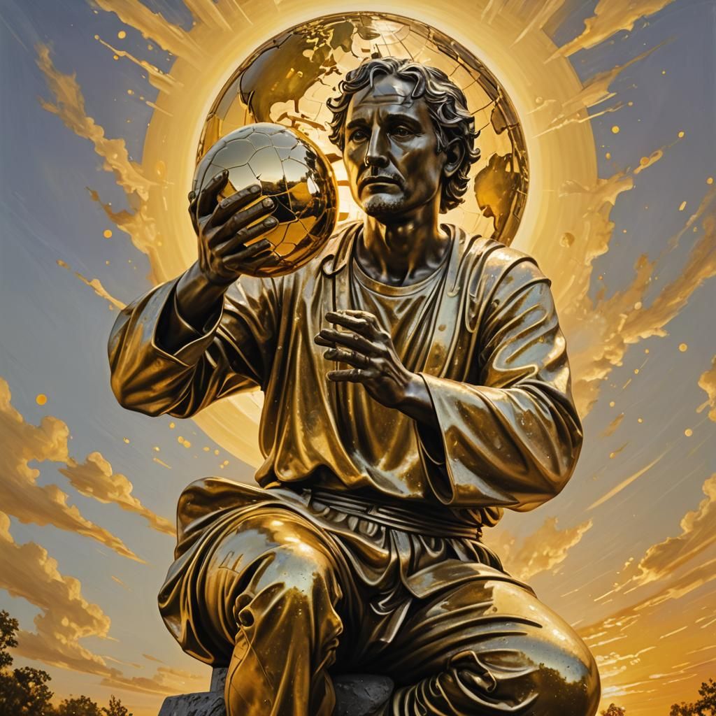 Golden Statue Under a Vibrant Sunset in an Oil Painting