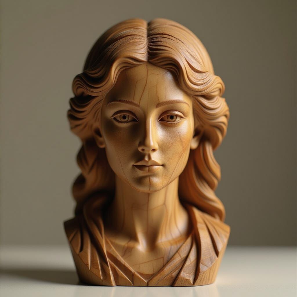 Carved Wooden Bust Portrait with Dreamlike Geometry