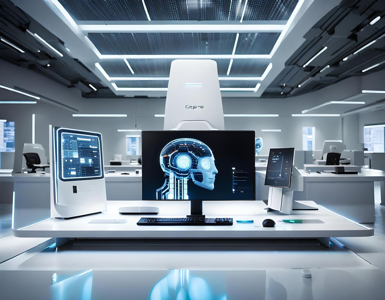 Sleek AI Computer in Minimalist Office Setting