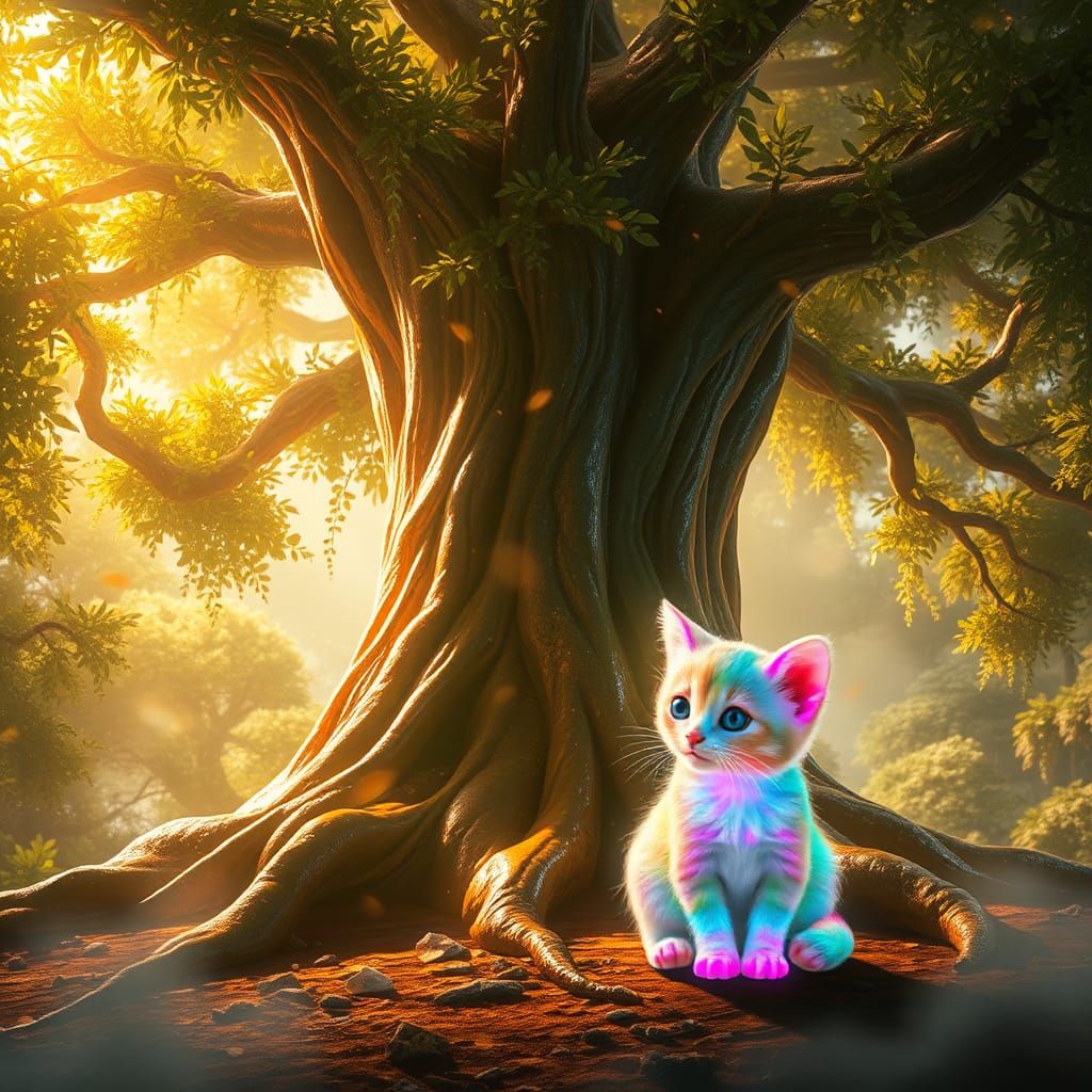 Rainbow Crystal Kitten Under a Glowing Tree