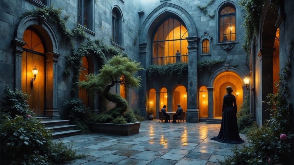 Biophilic Brutalist Courtyard with Yakuza in Impasto Style