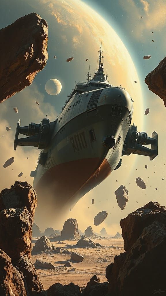 Colossal Mining Ship in Asteroid Field, Moody Oil Painting