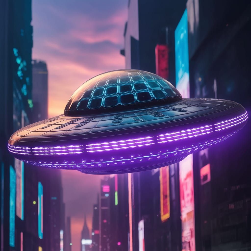 Cyberpunk UFO Soars Above Futuristic Cityscape