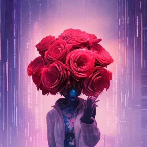 Cyberpunk Rose Bouquet Illustration in Vibrant Colors
