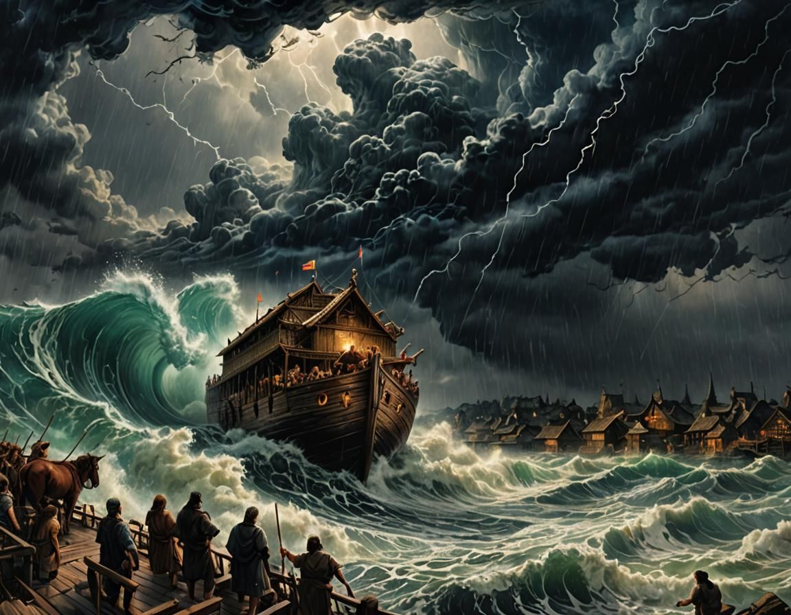 Noah's Ark Navigates Great Flood in Hyperdetailed Illustrati...