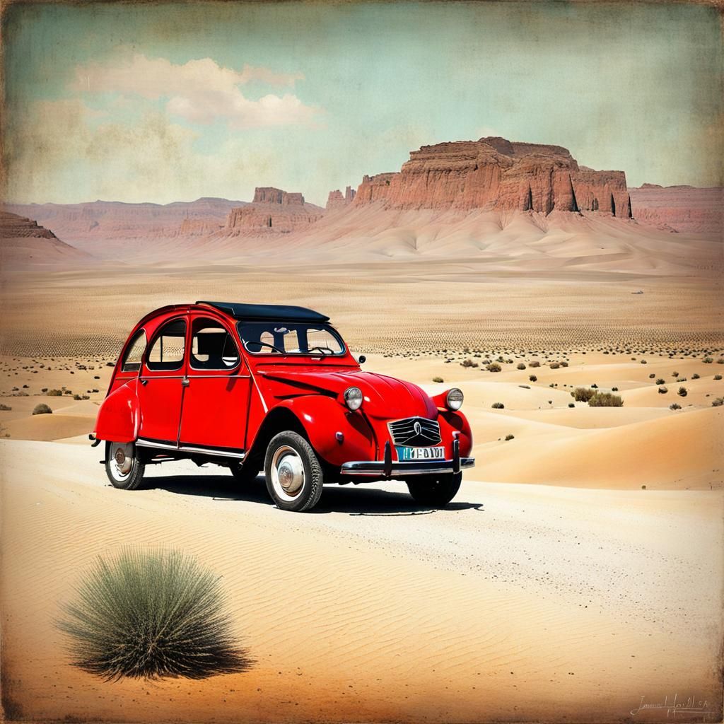 Red Citroen 2CV in Desert Landscape