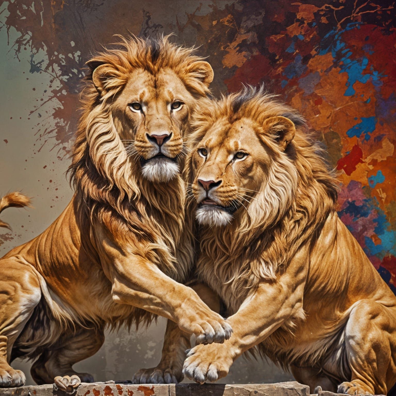 Surreal Lions Engage in Epic Battle