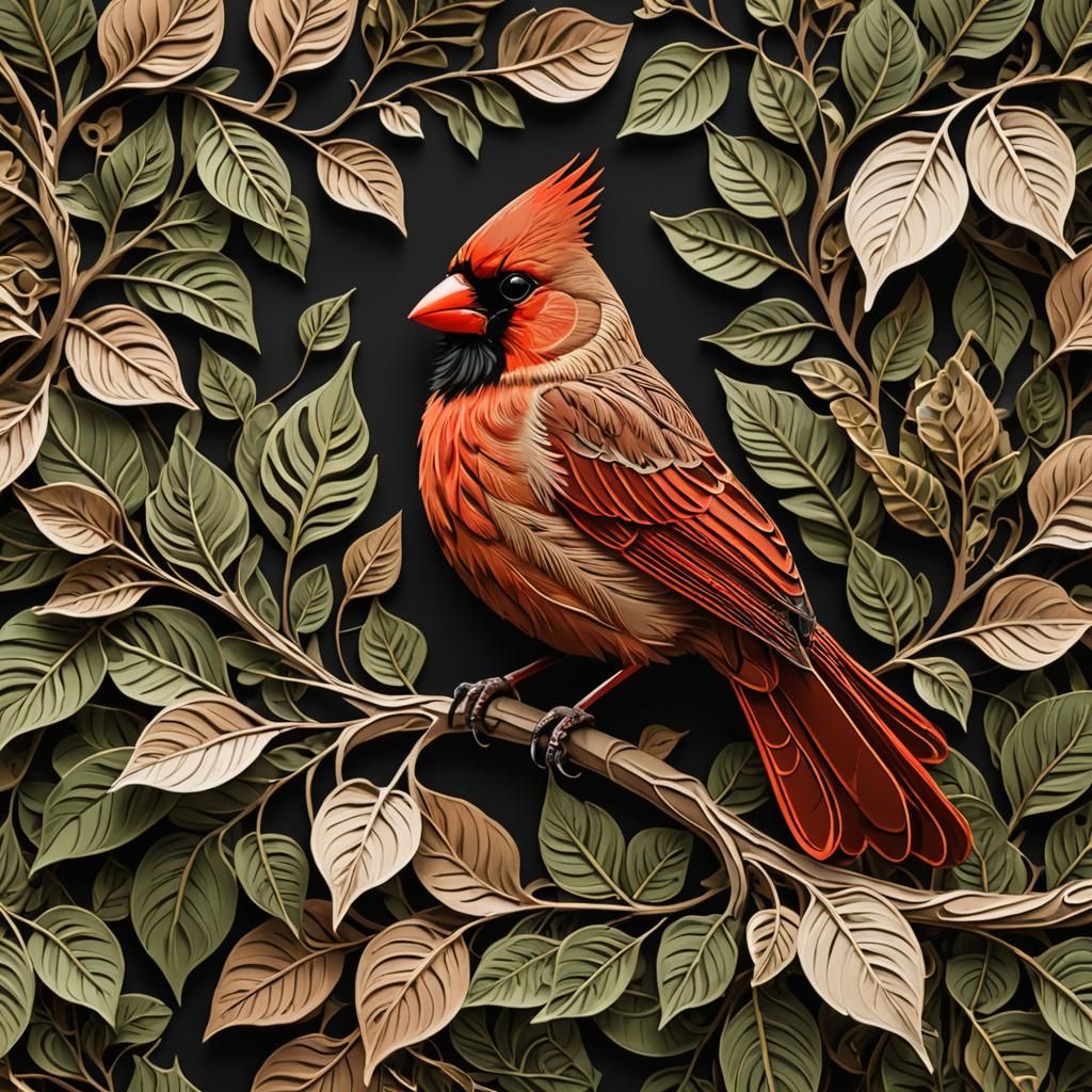 Cardinal Illustration in Audubon Style with Earth Art