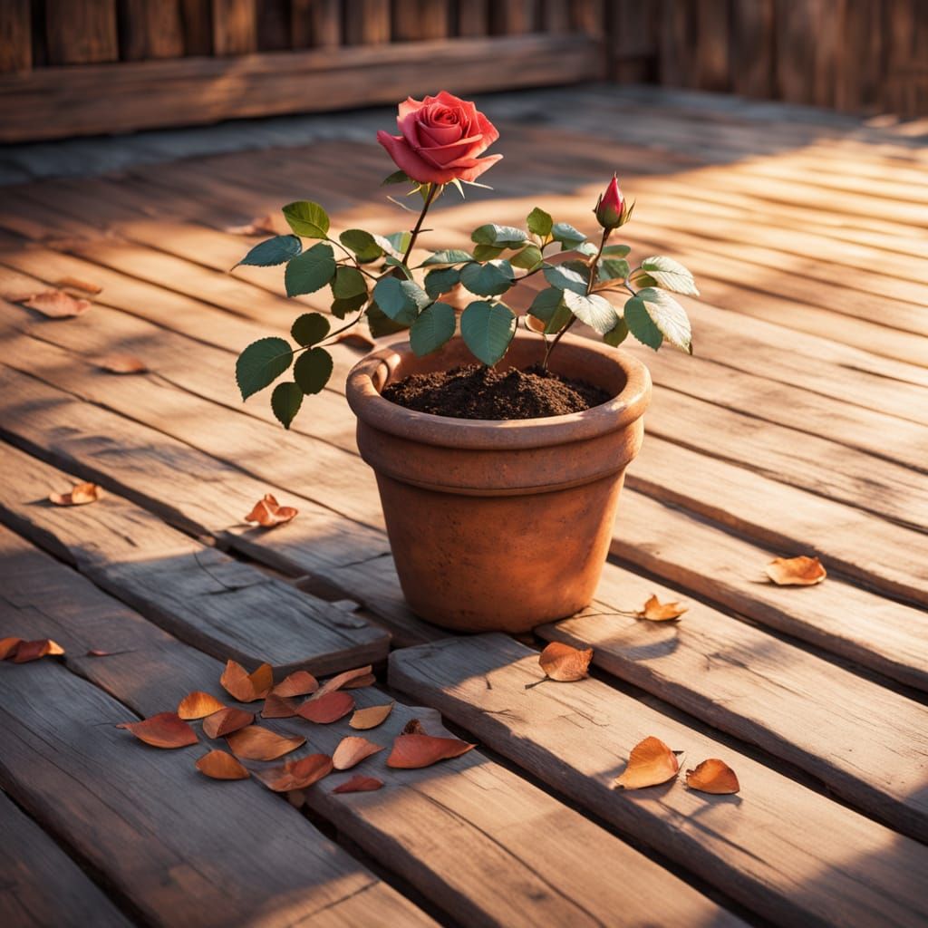 Solitary Rose Bush in Terracotta Pot on Wooden Deck