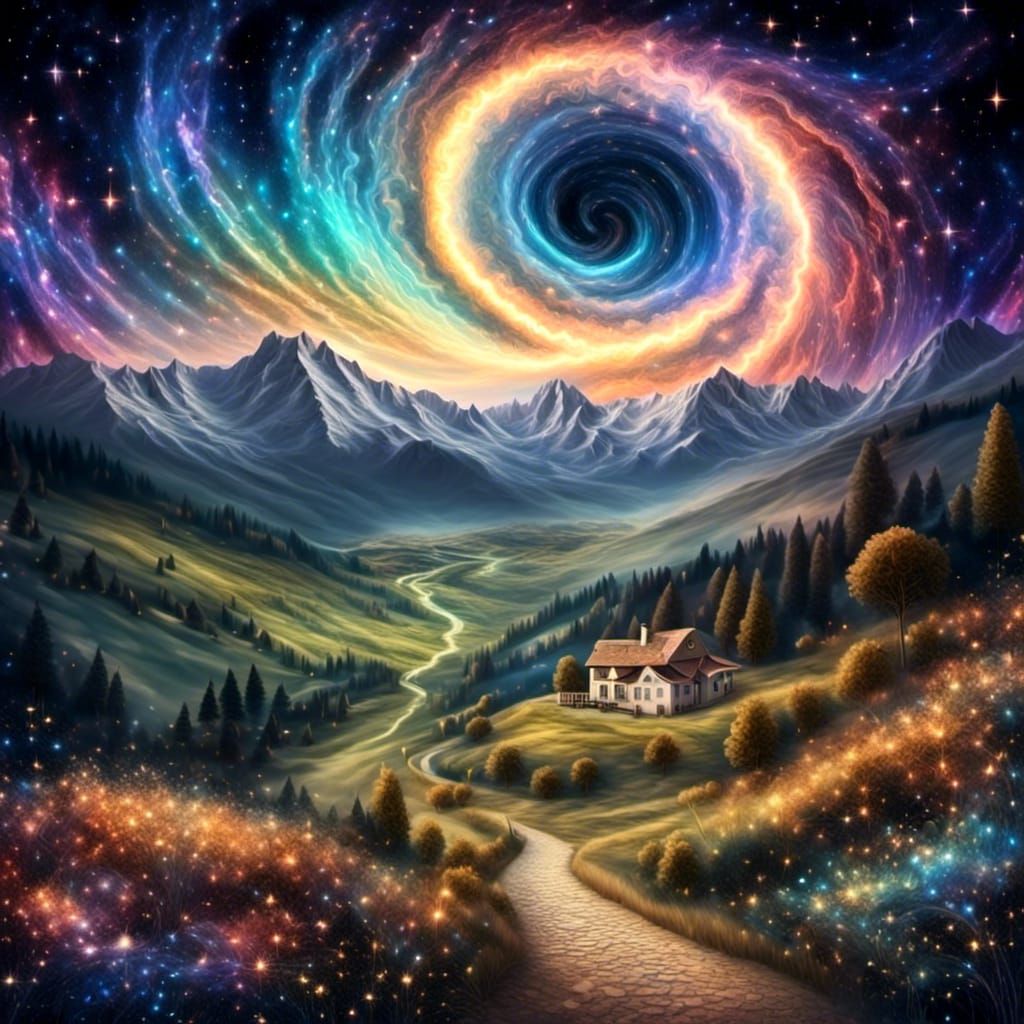 Farmhouse Landscape with Mountain Backdrop