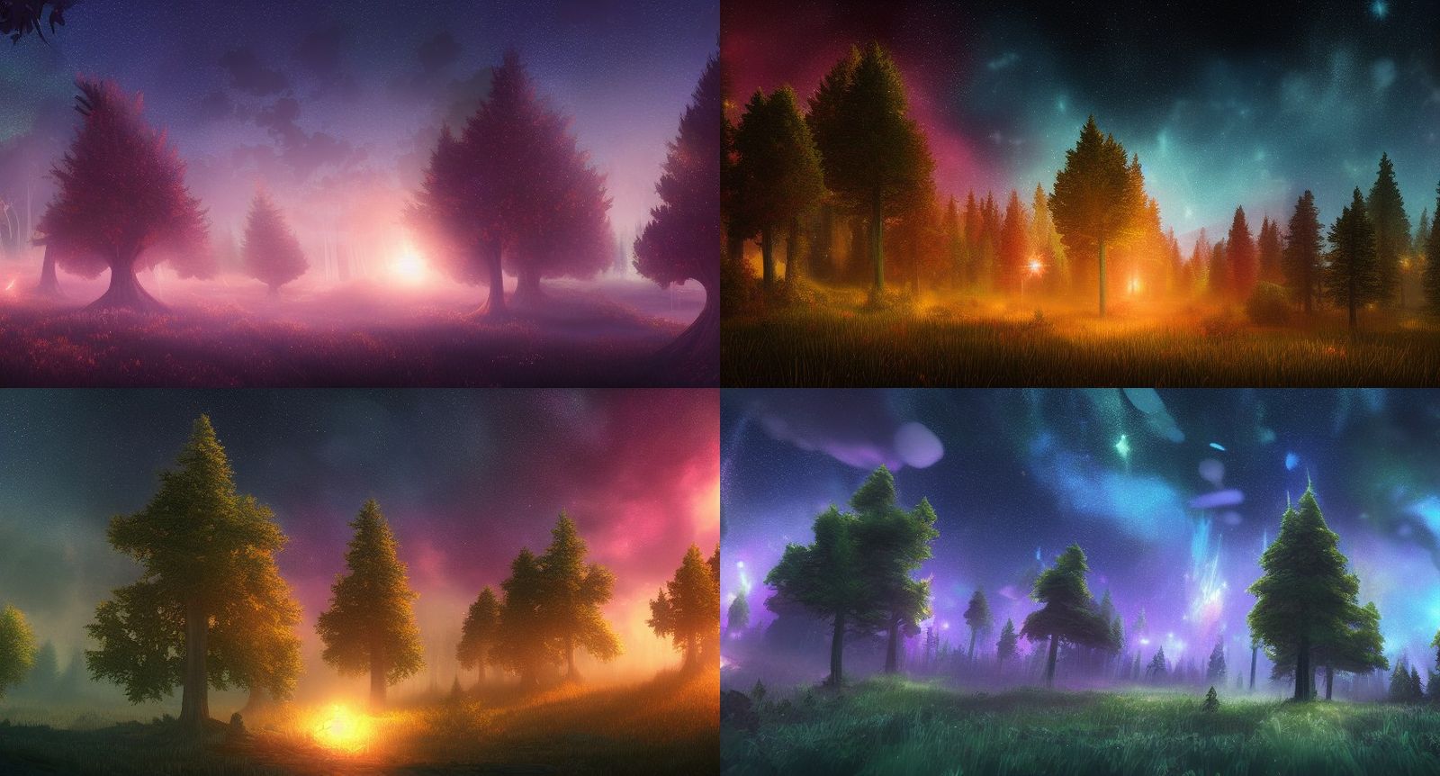 Fantasy Trees Under Multicolored Starry Sky
