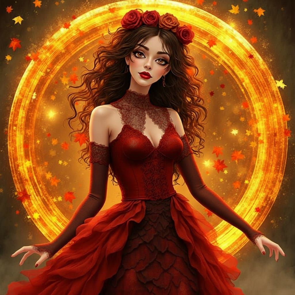 Anime Magic Girl. Autumn. dynamic and dramatic pose. Her out...