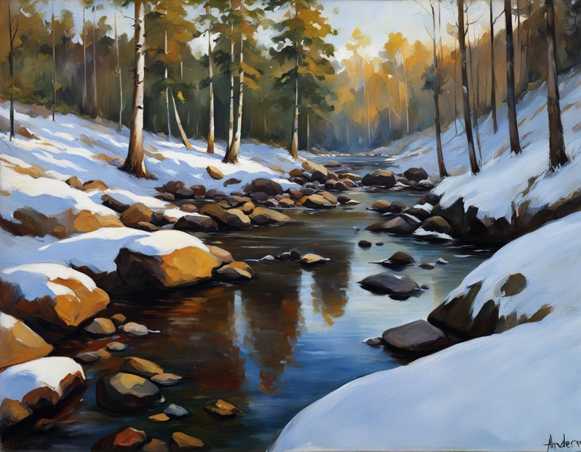 Rocks in Snowy Forest: Oil Painting Masterpiece