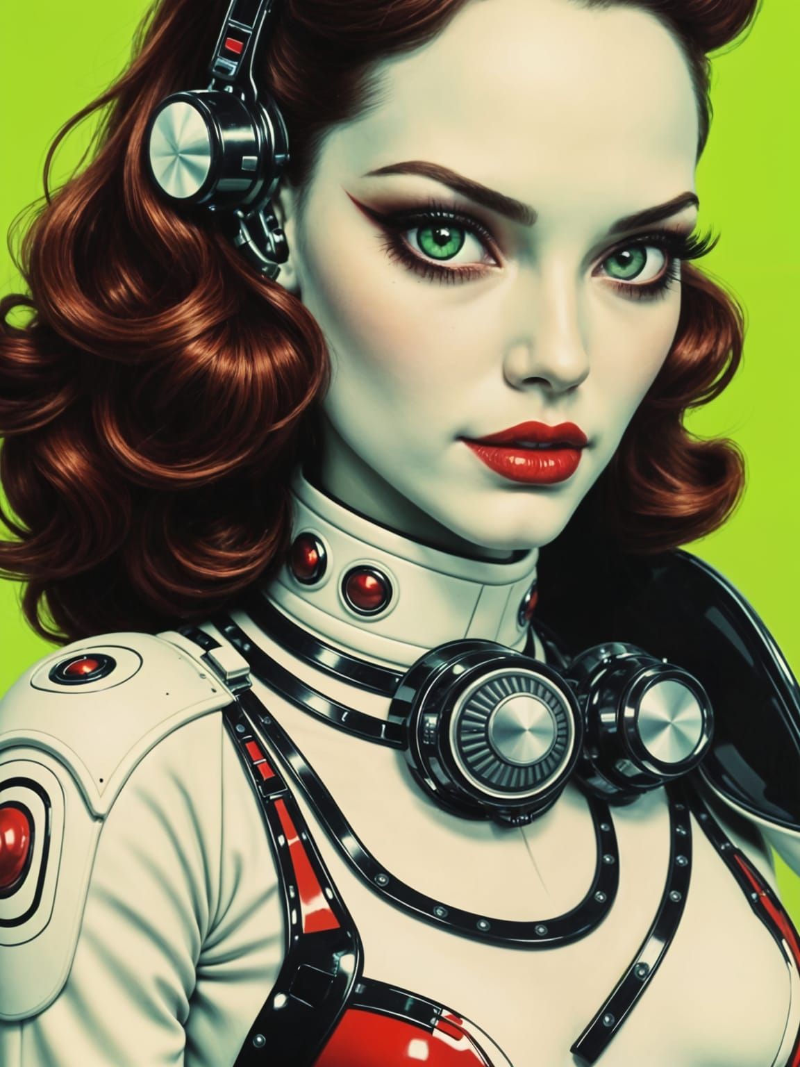 Cyborg Pin Up Model in Retrofuturism Style