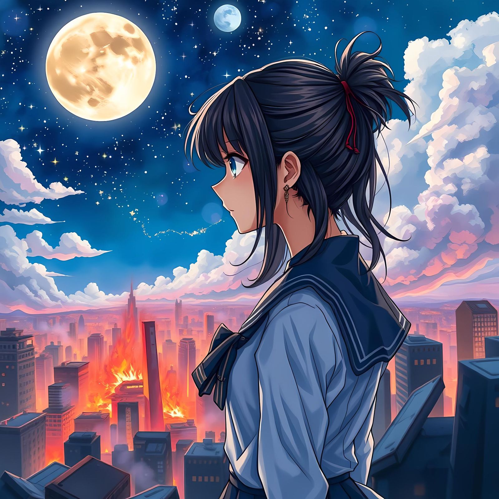 Anime Character Gazing at Burning City, Watercolor