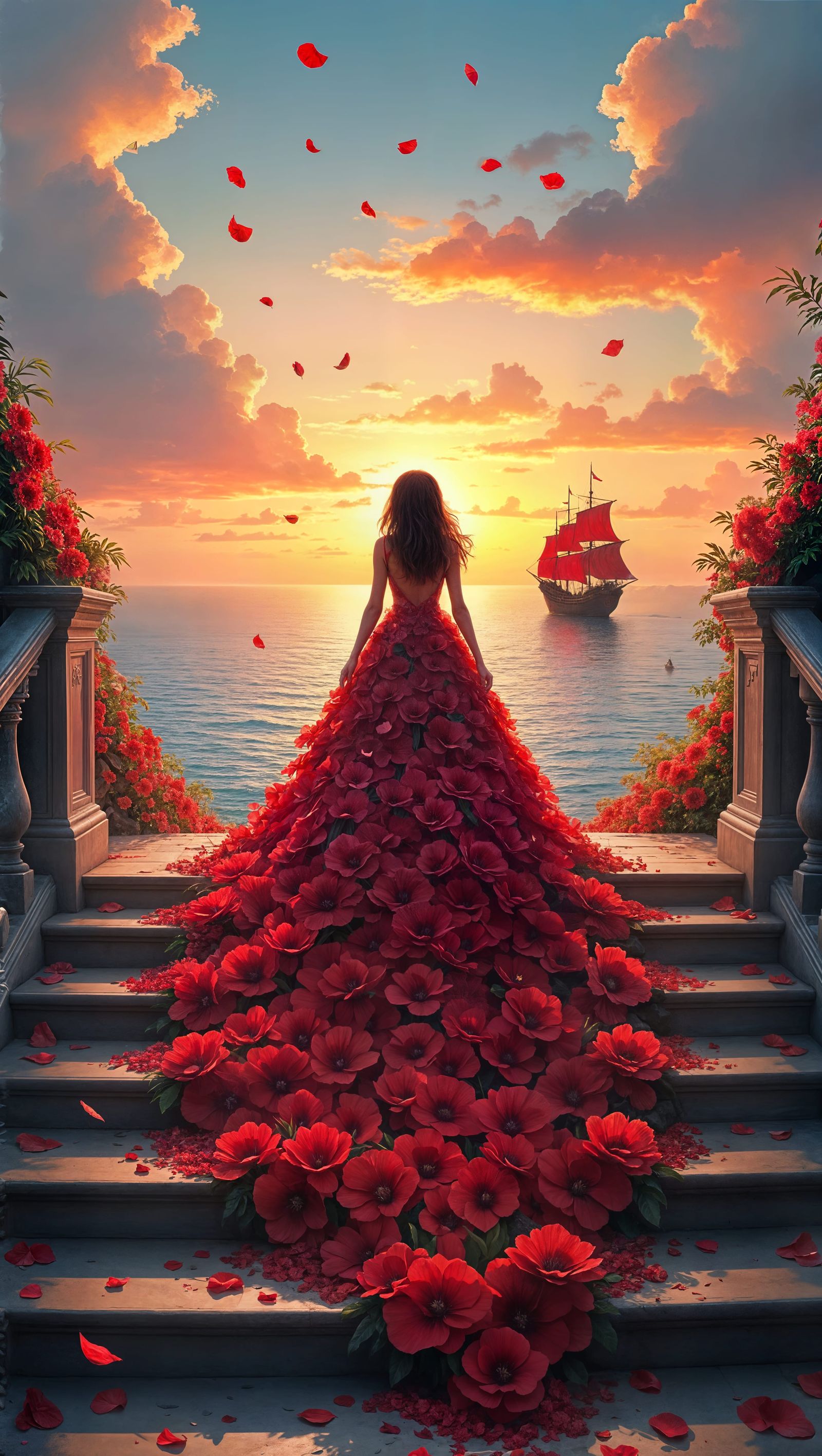 Girl Ascends Grand Staircase in Red Flower Gown