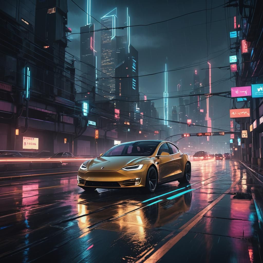 Tesla on Neon Highway in Cyberpunk Style