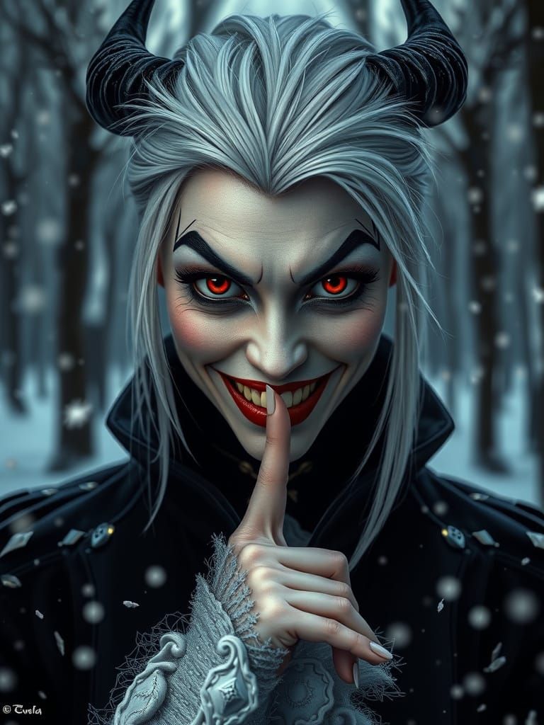 Cruella's Intense Gaze in a Snowy Forest