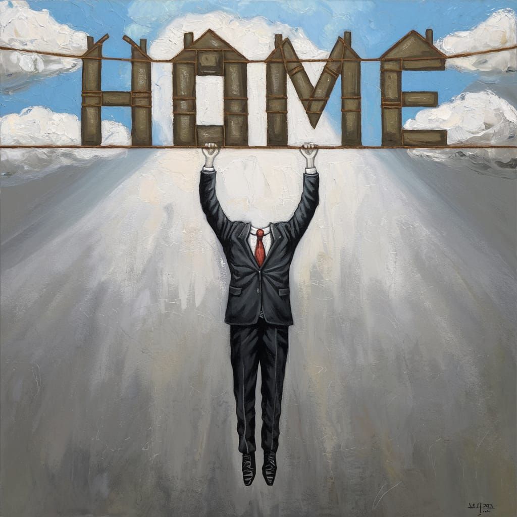 Faceless Man Lifts "Home" in Oil Painting