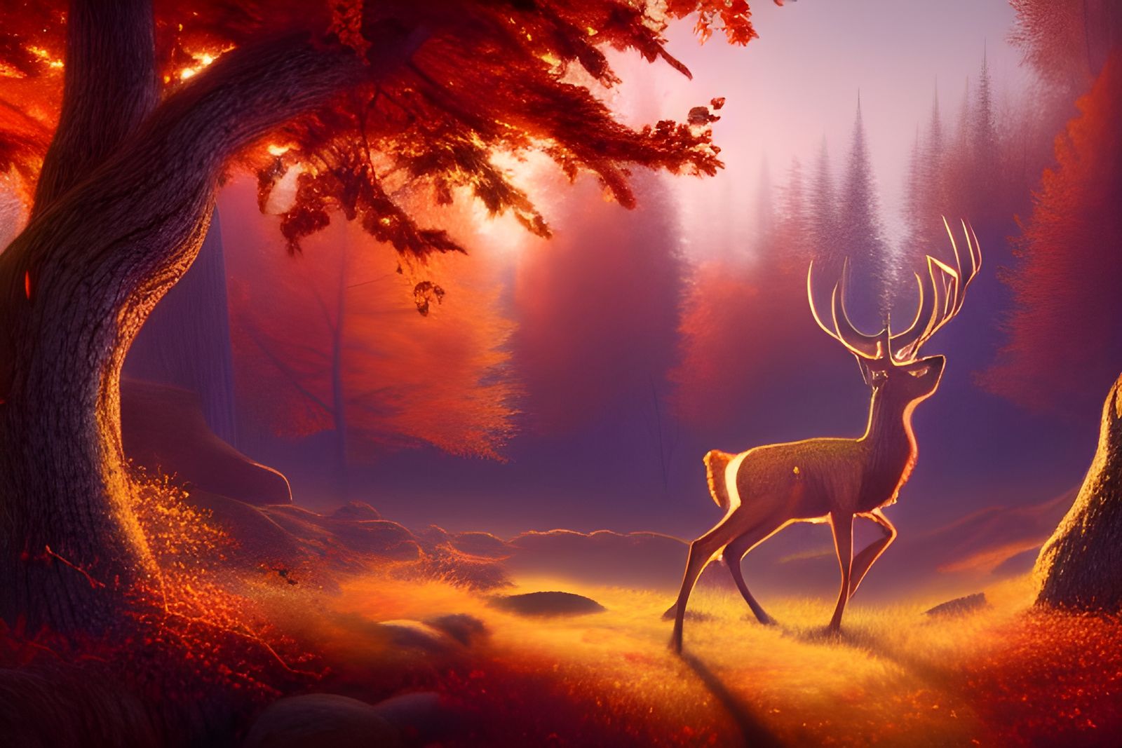 Stag in Iridescent Autumn Landscape, Digital Painting