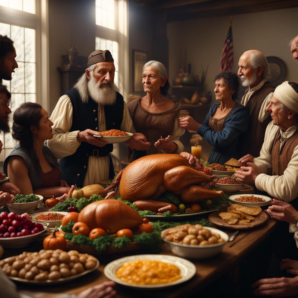 Thanksgiving Feast: Pilgrims and Native Americans, Hyperreal...