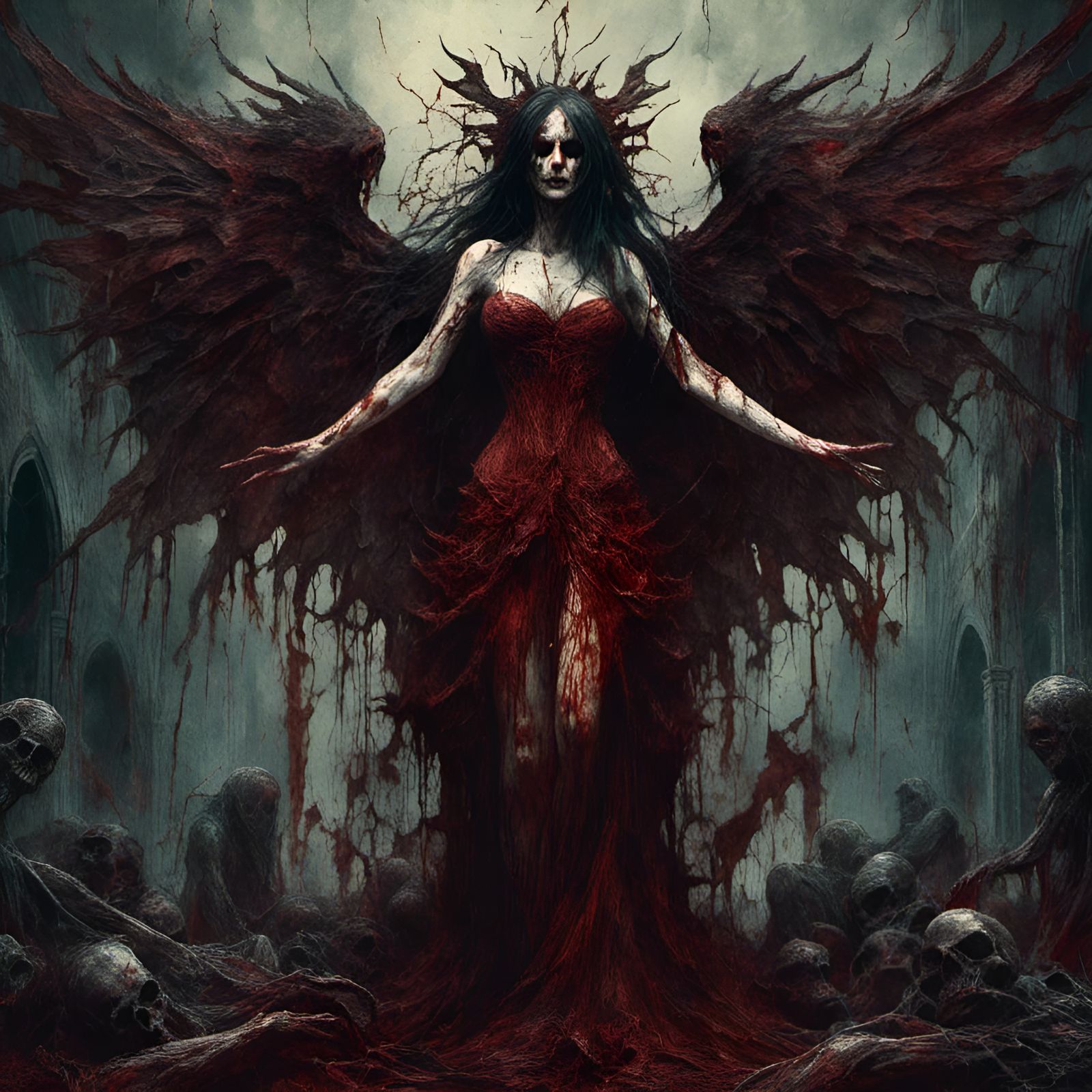 Demon Woman with Bloody Wings in Creepy Magazine Style